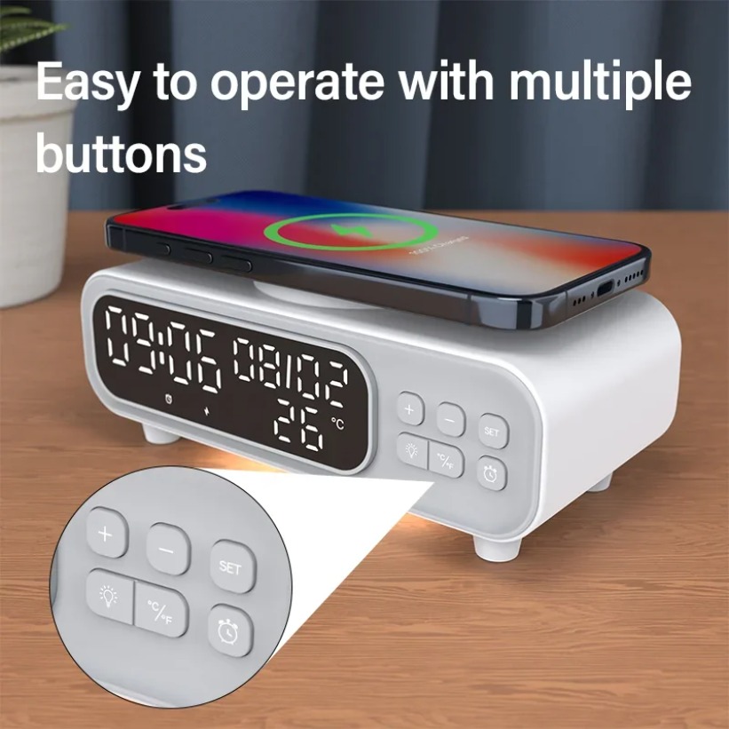 Wireless Charger Watch - 15W draadloze oplader tijdwekker LED-nachtlampje thermometer